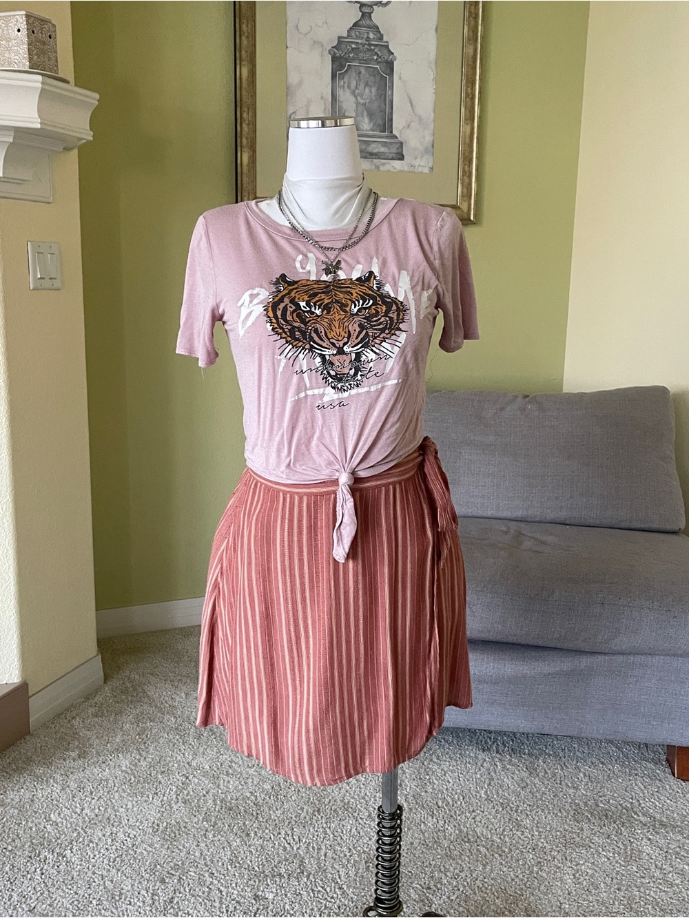 American Eagle Outfitters Coral Striped Wrap A-Line Skirt